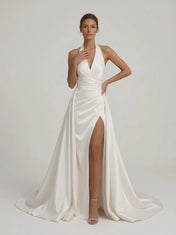 Halter Deep V Satin Wedding Dress With High Slit