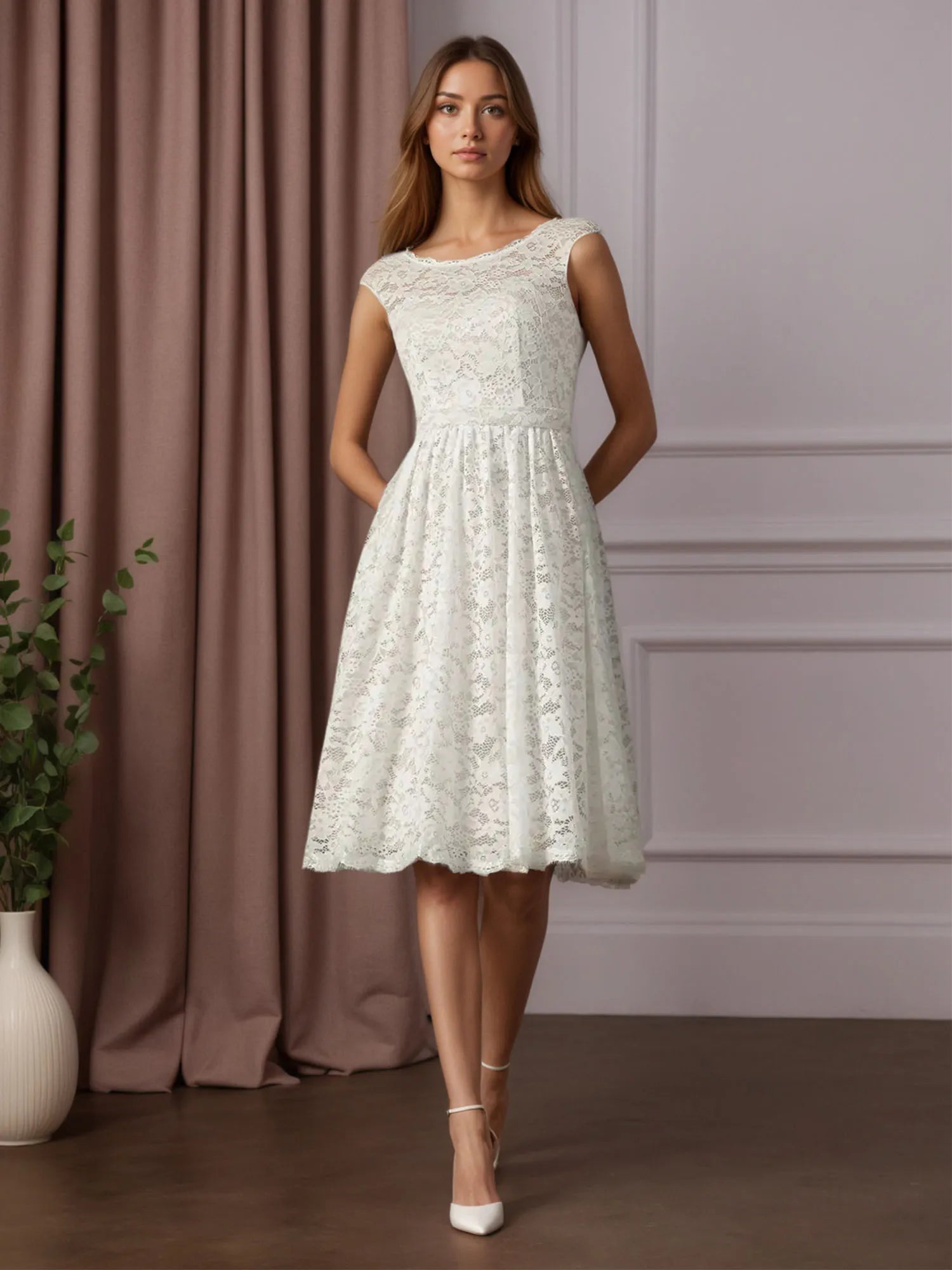 White A-Line Knee-Length Lace Wedding Dress
