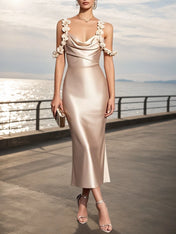 Champagne 3D Floral Satin Cowl Neck Sleeveless Sheath Midi Dress