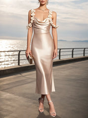 Champagne 3D Floral Satin Cowl Neck Sleeveless Sheath Midi Dress
