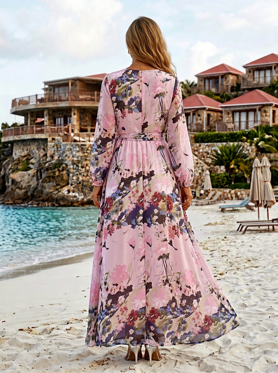 Pink Floral Chiffon V Neck Long Sleeve A-Line Floor-length Gown Dress