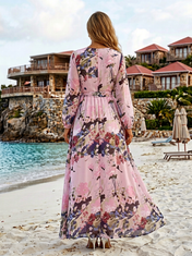Pink Floral Chiffon V Neck Long Sleeve A-Line Floor-length Gown Dress