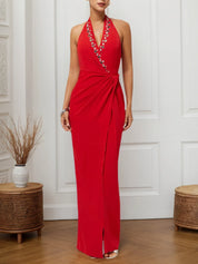Red Halter Rhinestones Knot Front Slit Sheath Maxi Dress