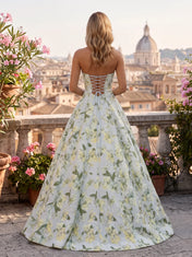 Strapless Floral Jacquard A-Line Prom Dress with Exposed Seams and Corset Back