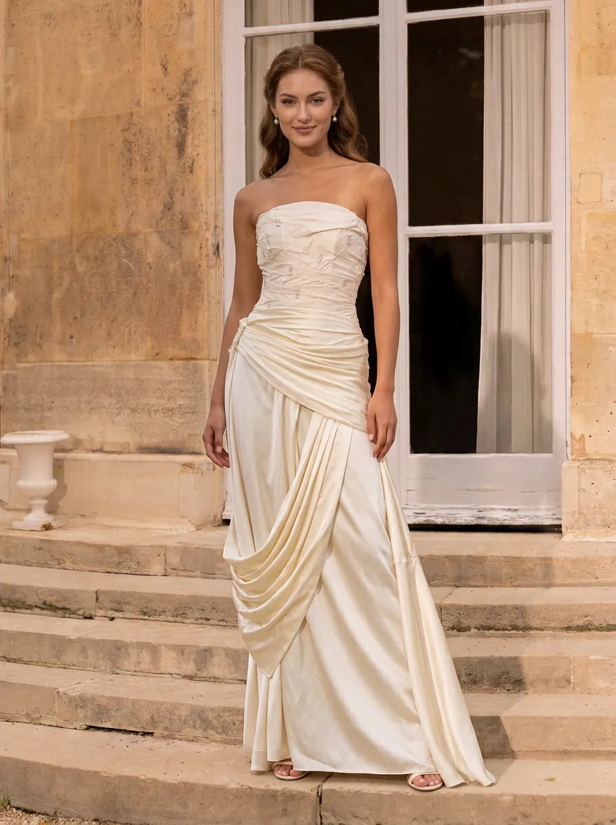Ivory Strapless Draped Satin Column Sleeveless Evening Dress