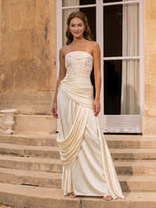 Ivory Strapless Draped Satin Column Sleeveless Evening Dress