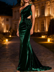 Dark Green Long Velvet Mermaid Holiday Party Dress with 3D Flower