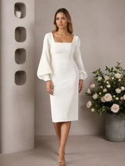 White Sheath Square Neckline Stretch Crepe Wedding Dress