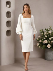 White Sheath Square Neckline Stretch Crepe Wedding Dress