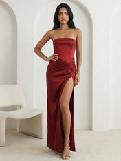 Red Strapless Satin Mermaid Pleat Maxi Dress with Slit