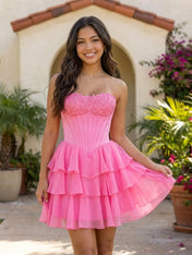 Pink Lace Strapless Corset Mini Dress Tiered Chiffon Skirt Lace Up Back Homecoming Dresses