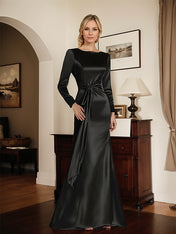 Satin Sheath Long Sleeves Mother of the Bride Dress with Side Waist