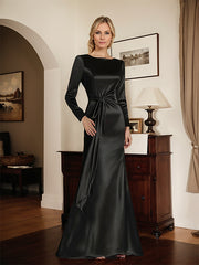 Satin Sheath Long Sleeves Mother of the Bride Dress with Side Waist