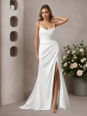White Mermaid V-Neck Stretch Satin Wedding Dress