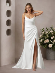 White Mermaid V-Neck Stretch Satin Wedding Dress