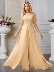 Jumpsuits Illusion Scoop Floor-Length Lace Chiffon Evening Dress With Overskirt Sequins