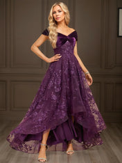 A-line Off the Shoulder Asymmetrical Velvet Lace Evening Dress With Pleated Sequins