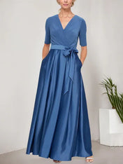 Surplice Neckline Ballgown with Full Satin Skirt & Jersey Bodice