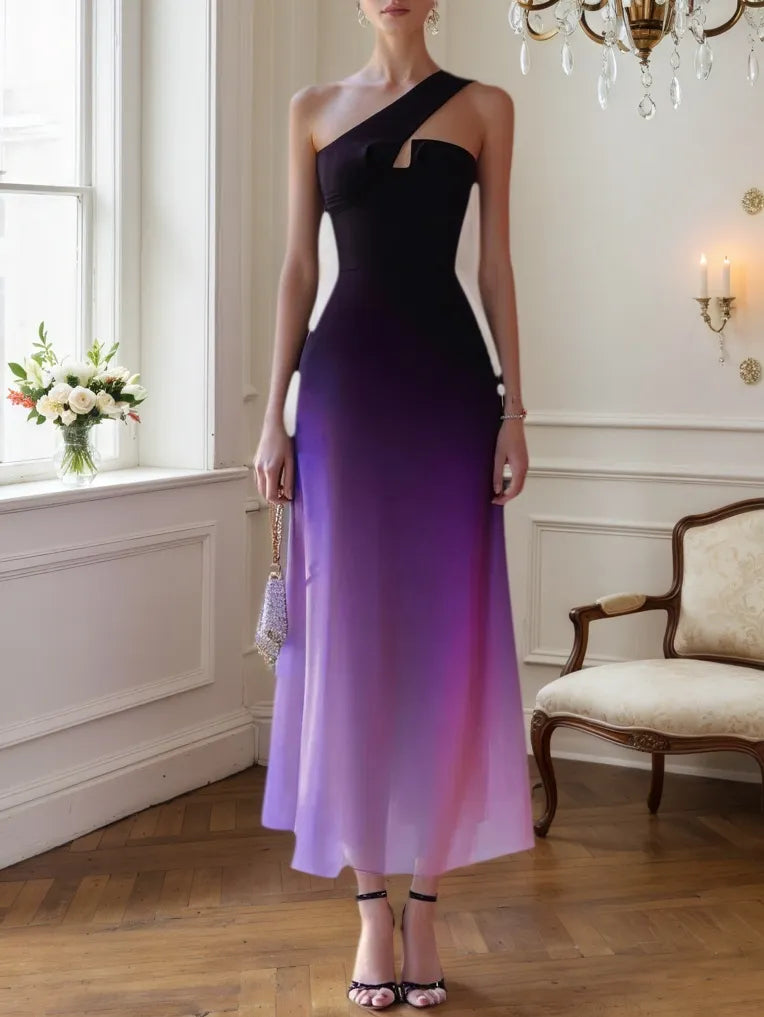 Purple Chiffon Ombre One Shoulder Sleeveless A-Line Maxi Dress
