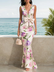 White Bow Floral V Neck Sleeveless Mermaid Gown Satin Dress