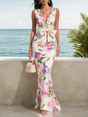 White Bow Floral V Neck Sleeveless Mermaid Gown Satin Dress