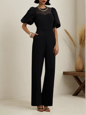Black Puff Sleeve Regular Fit Crew Neck Jumpsuit