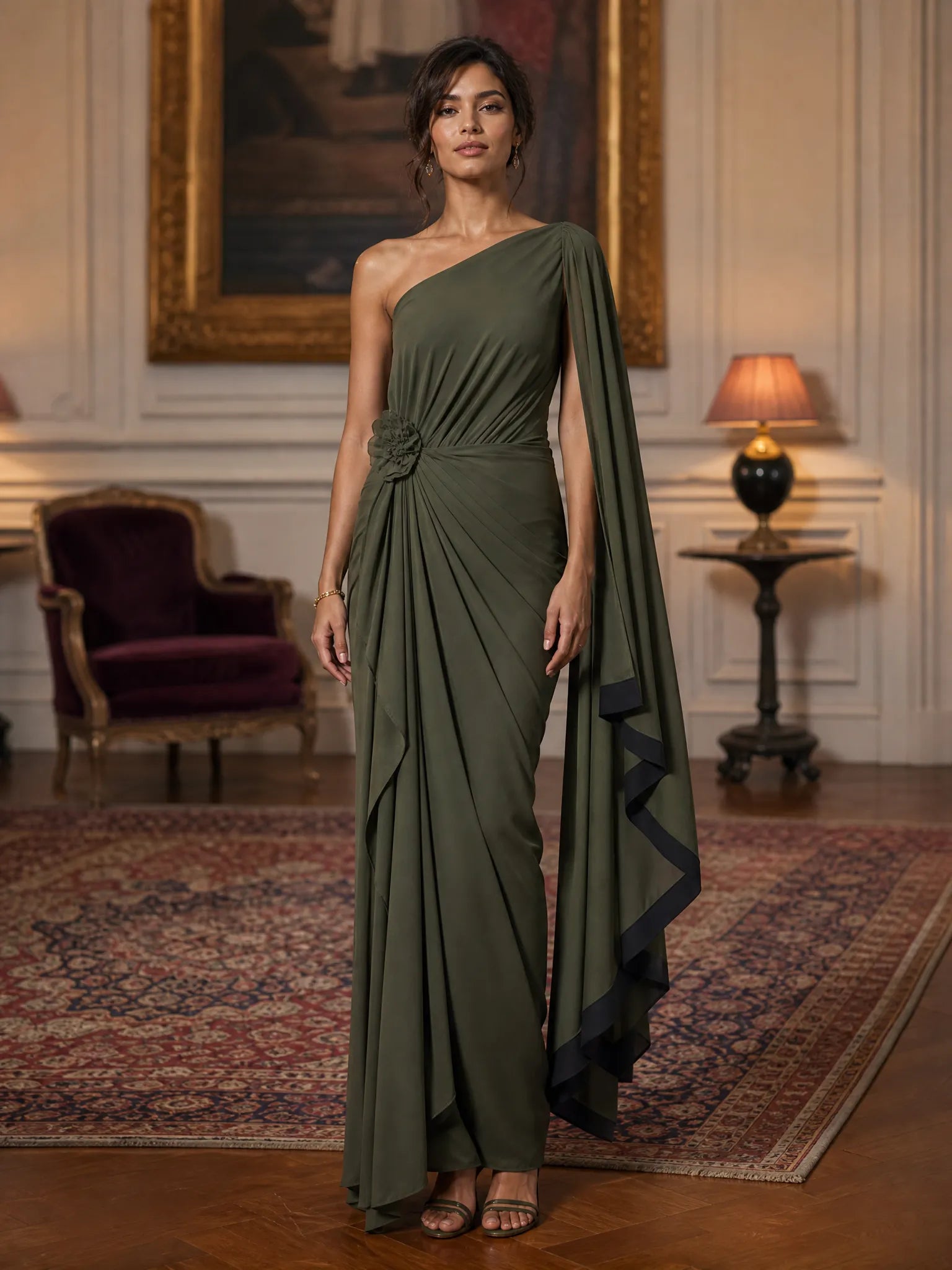 Olive Green One-Shoulder Cape Draped Chiffon Evening Dress