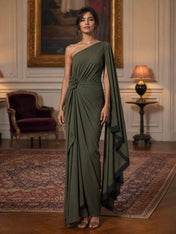 Olive Green One-Shoulder Cape Draped Chiffon Evening Dress