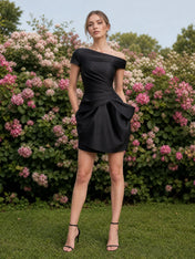 Black One-Shoulder Draped Sleeveless Mini Cocktail Dress