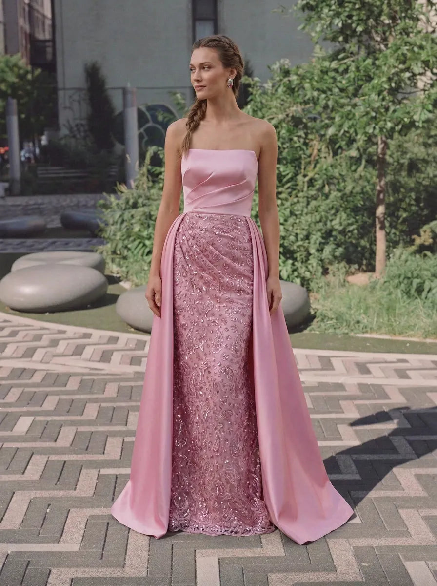 Strapless Sequin Embellished Over-Skirt Pink Column Evening Dress