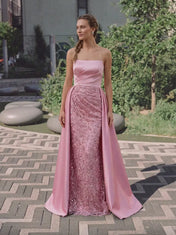 Strapless Sequin Embellished Over-Skirt Pink Column Evening Dress