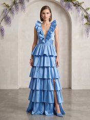 Ruffled V-Neck Tiered Satin A-Line Prom Dress with High Front Slit