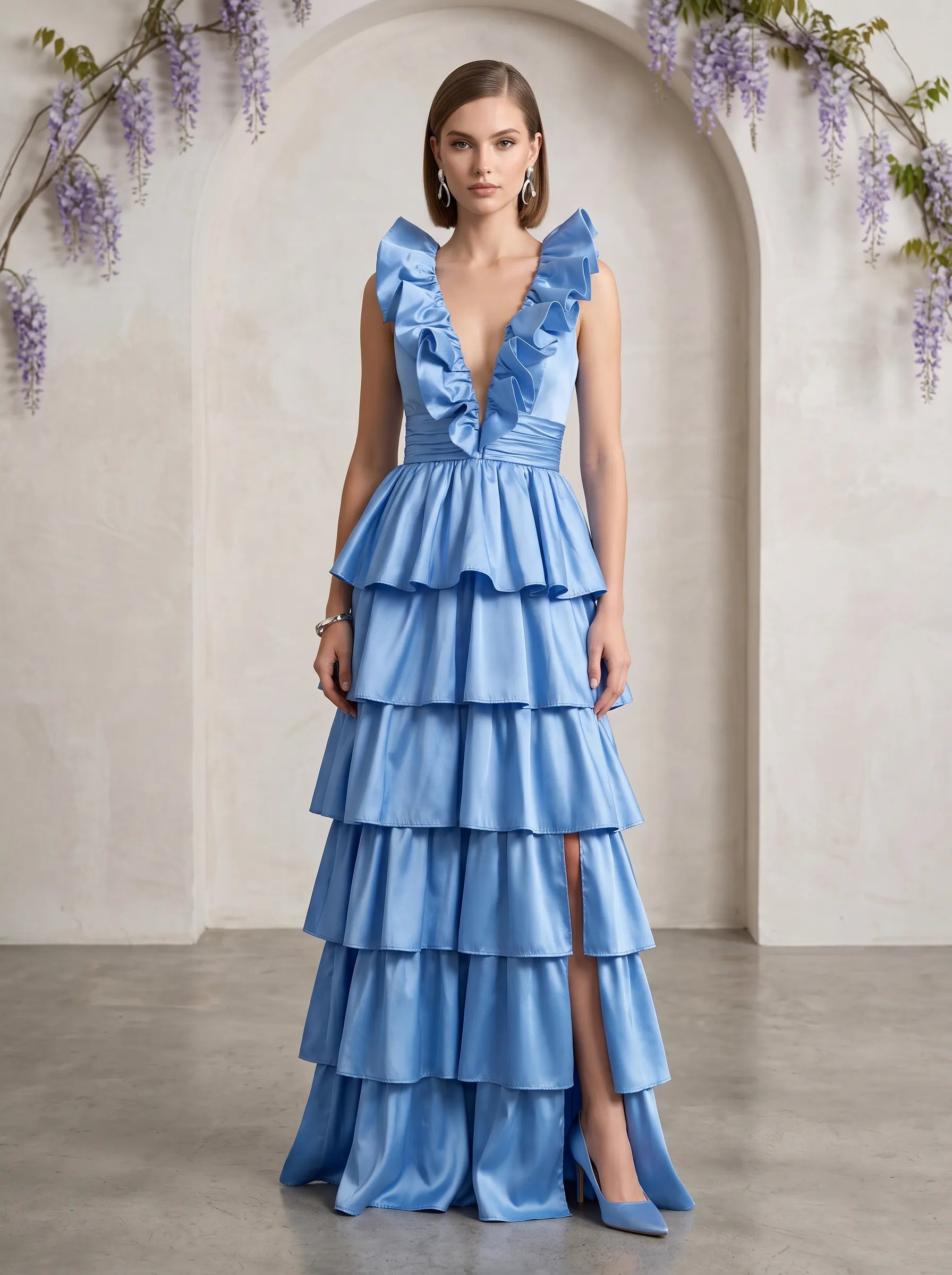 Ruffled V-Neck Tiered Satin A-Line Prom Dress with High Front Slit