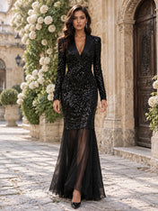 Tuxedo Blazer Sequin Mermaid Evening Dress with Sheer Tulle Overlay