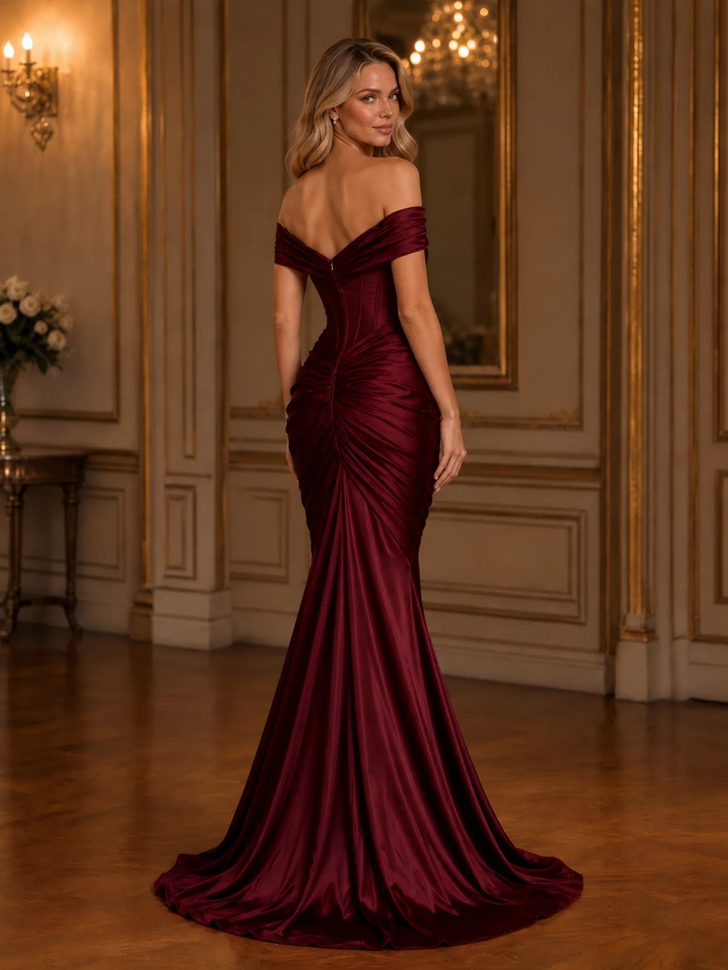 Burgundy Off-The-Shoulder Ruched Mermaid Floor-Length Gown Dress