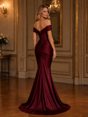 Burgundy Off-The-Shoulder Ruched Mermaid Floor-Length Gown Dress