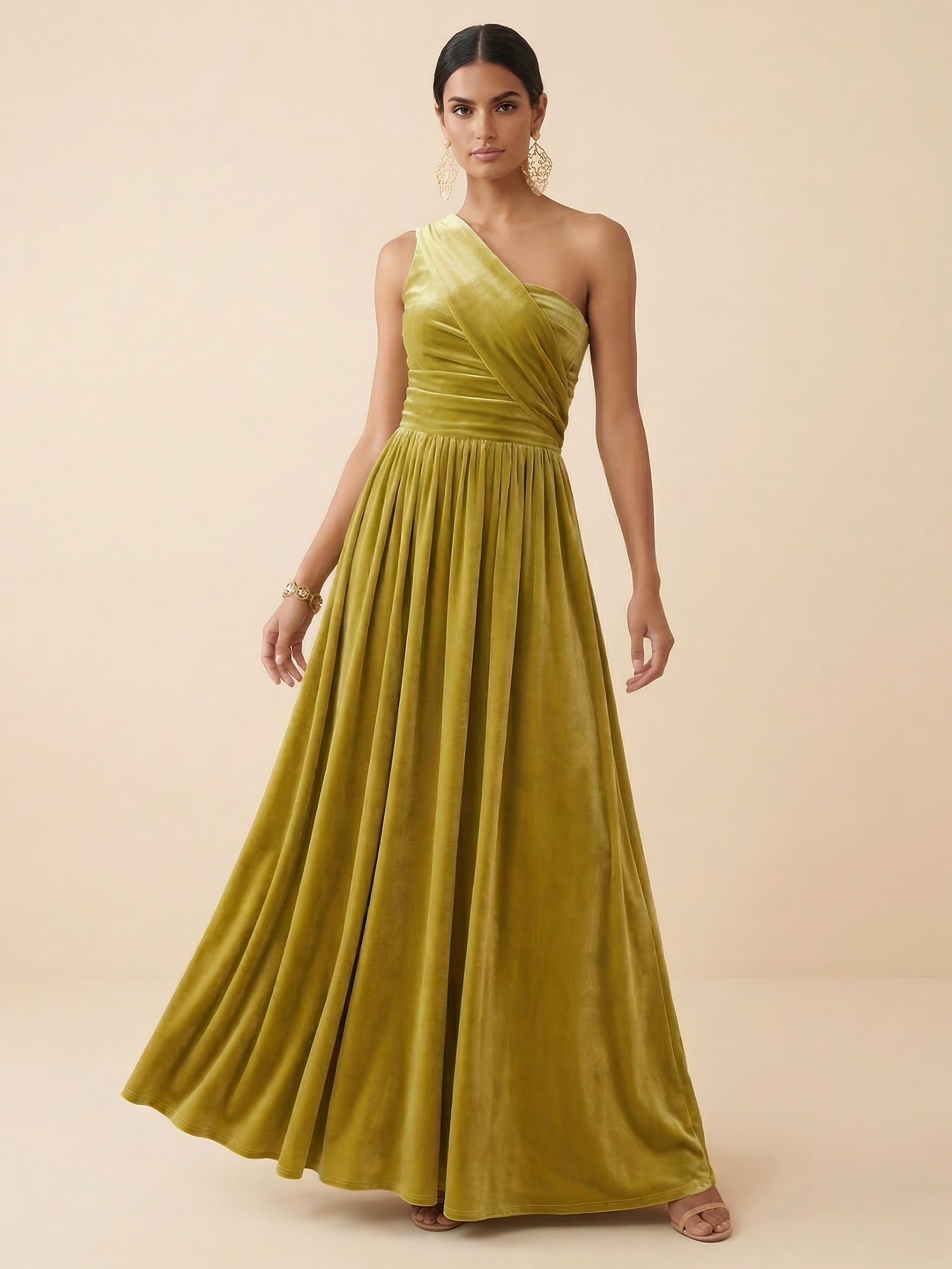 One-Shoulder Velvet Ruched A  Line Evening Gown