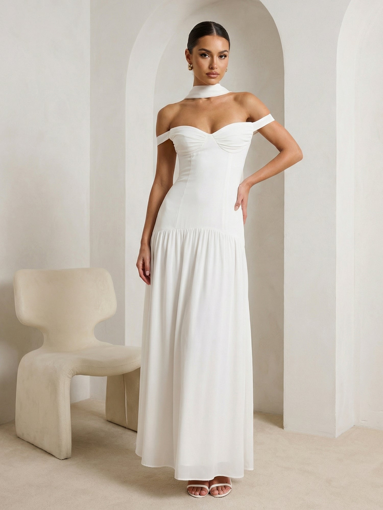 White Off the Shoulder Satin A Line Maxi Dress with Scarf