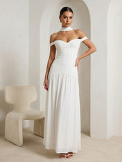 White Off the Shoulder Satin A Line Maxi Dress with Scarf