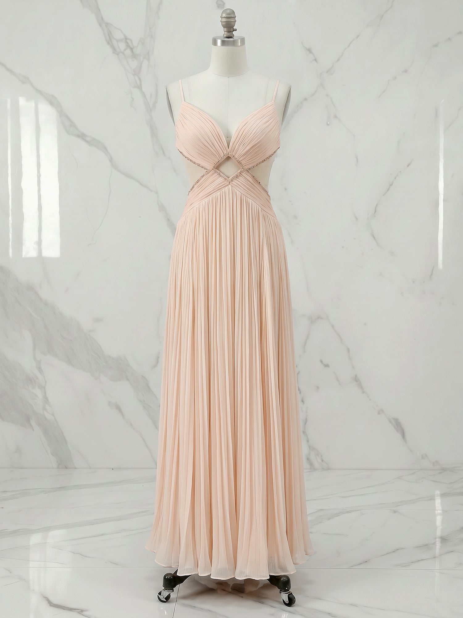 Radiant Blush Champagne Pleated Cutout Maxi Formal Evening Gown