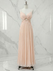 Radiant Blush Champagne Pleated Cutout Maxi Formal Evening Gown