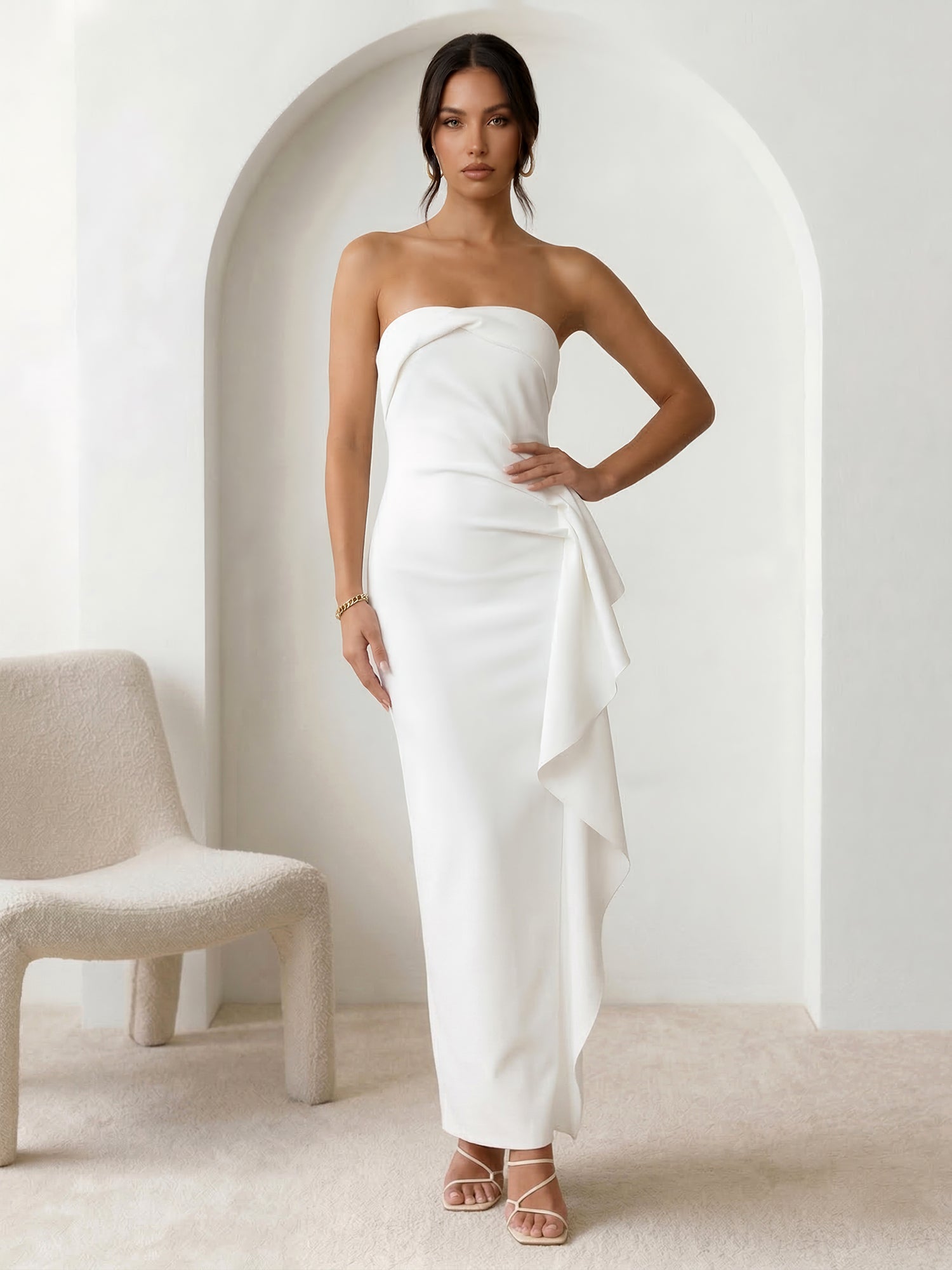 White Strapless Mermaid Chiffon Ankle Length Maxi Dress with Ruffle