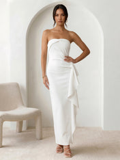 White Strapless Mermaid Chiffon Ankle Length Maxi Dress with Ruffle