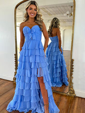 Fuchsia A-Line Sweetheart Chiffon Tiered Long Prom Dress with Slit