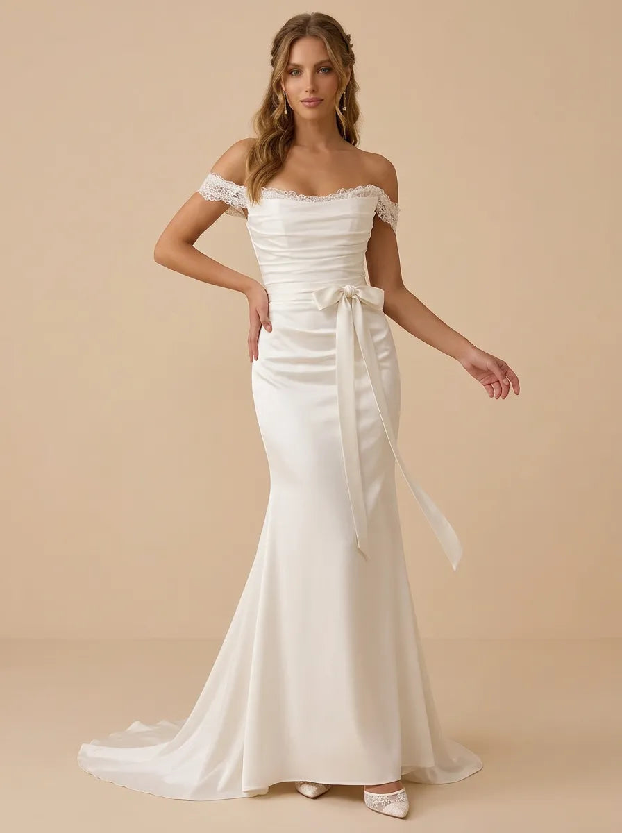 Off-the-Shoulder Satin Mermaid Wedding Dress with Lace Trim and Waist Sash