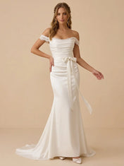 Off-the-Shoulder Satin Mermaid Wedding Dress with Lace Trim and Waist Sash