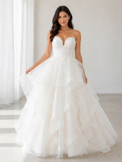 Elegant Strapless White Lace and Tiered Organza A-Line Wedding Dress with Chapel Train