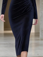 Cocktail Party Dress Navy V Neck Midi Velvet Mother of the Bride Dress