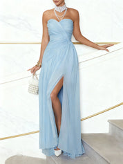 Light Blue Ruched Slit Tulle Strapless Sleeveless A-Line Gown Dress