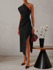 Black One-Shoulder Slit A-Line Midi Dress